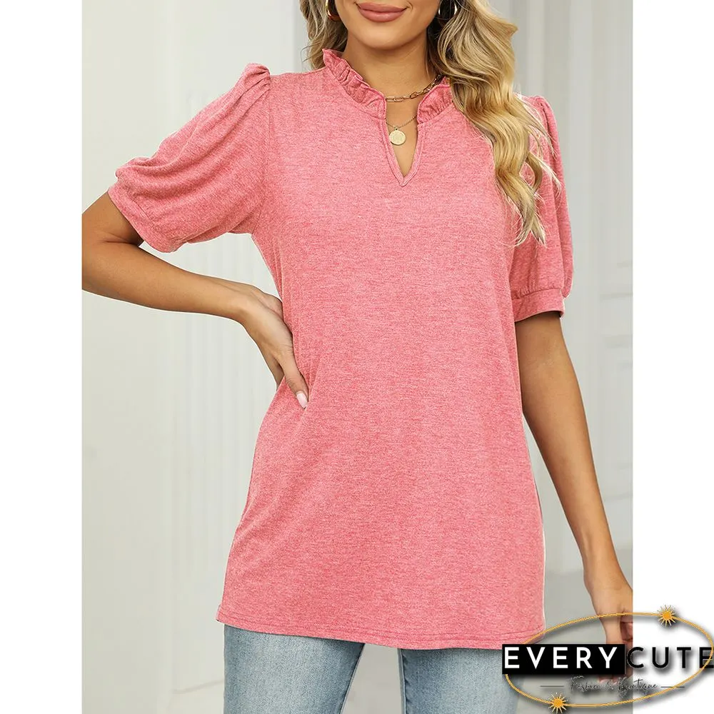 Pink Pleated V Neck Short Sleeve Tees