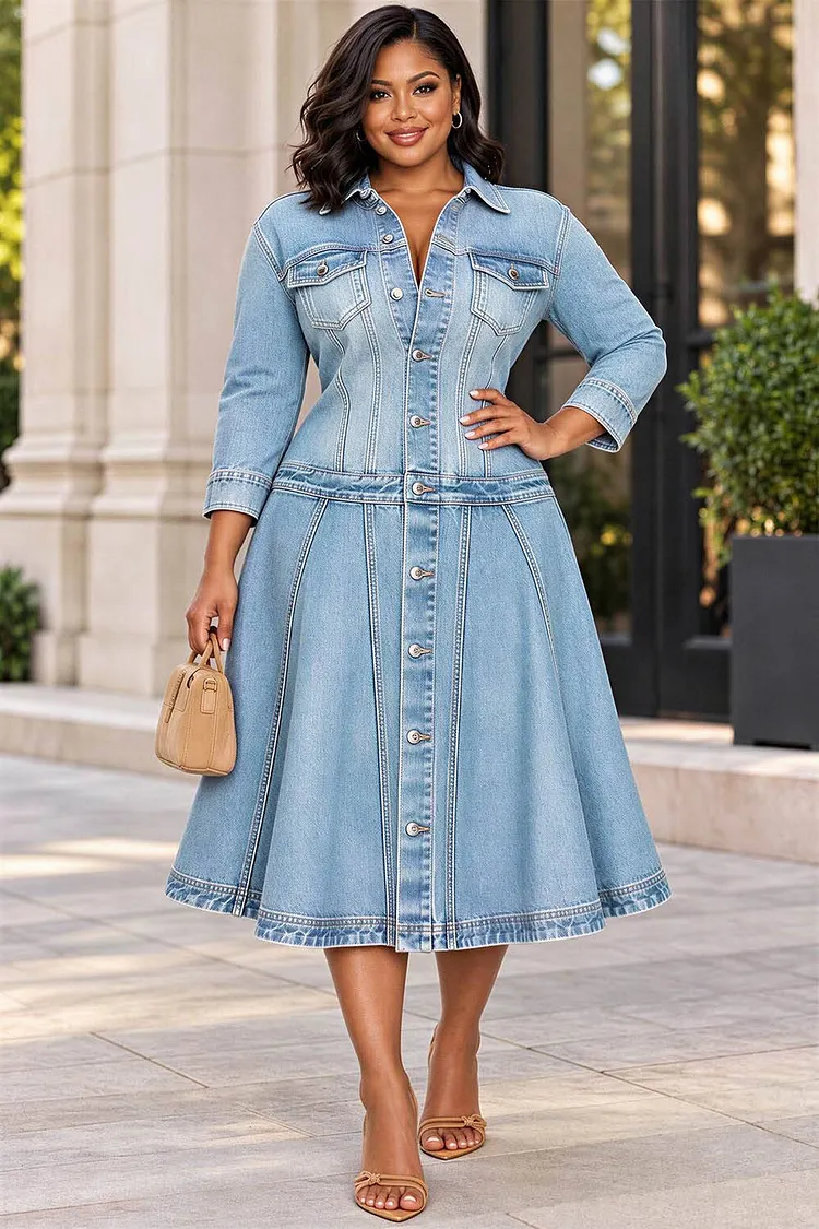 Xpluswear Design Plus Size Business Casual Light Blue Shirt Collar Long Sleeve Strappy Denim Midi Dresses [Pre-Order] 2024 - Xpluswear