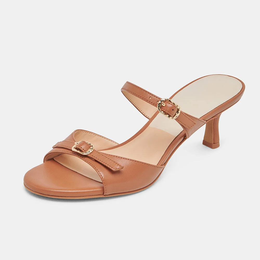 Brown Vegan Leather Buckle Kitten Heel Open-Toe Slide Shoes for Women