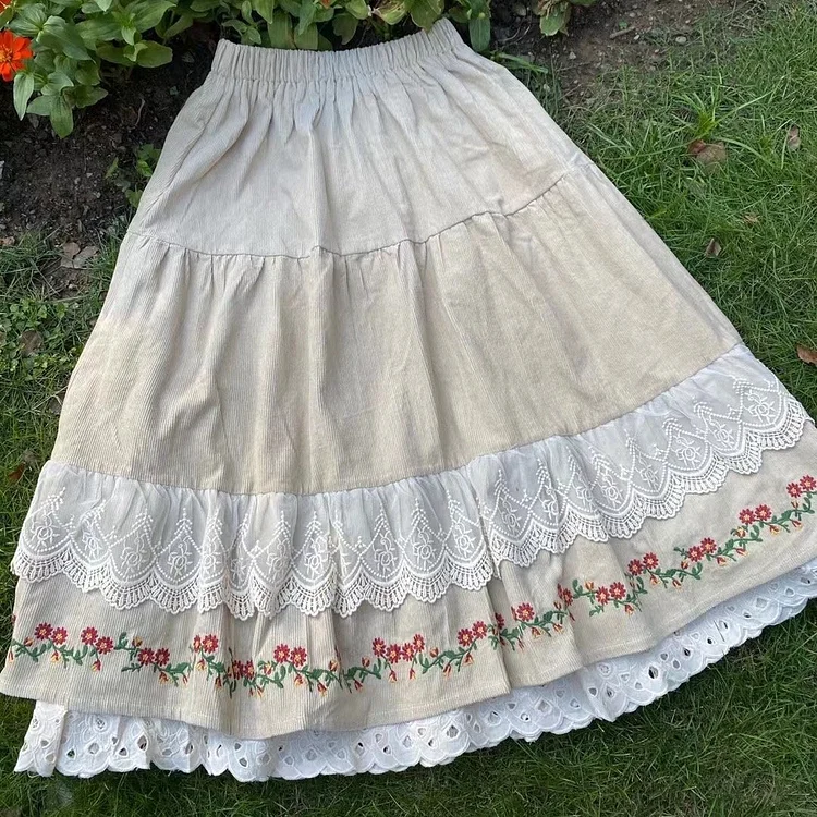 Queenfunky cottagecore style Embroidered Flowers Corduroy Skirt QueenFunky