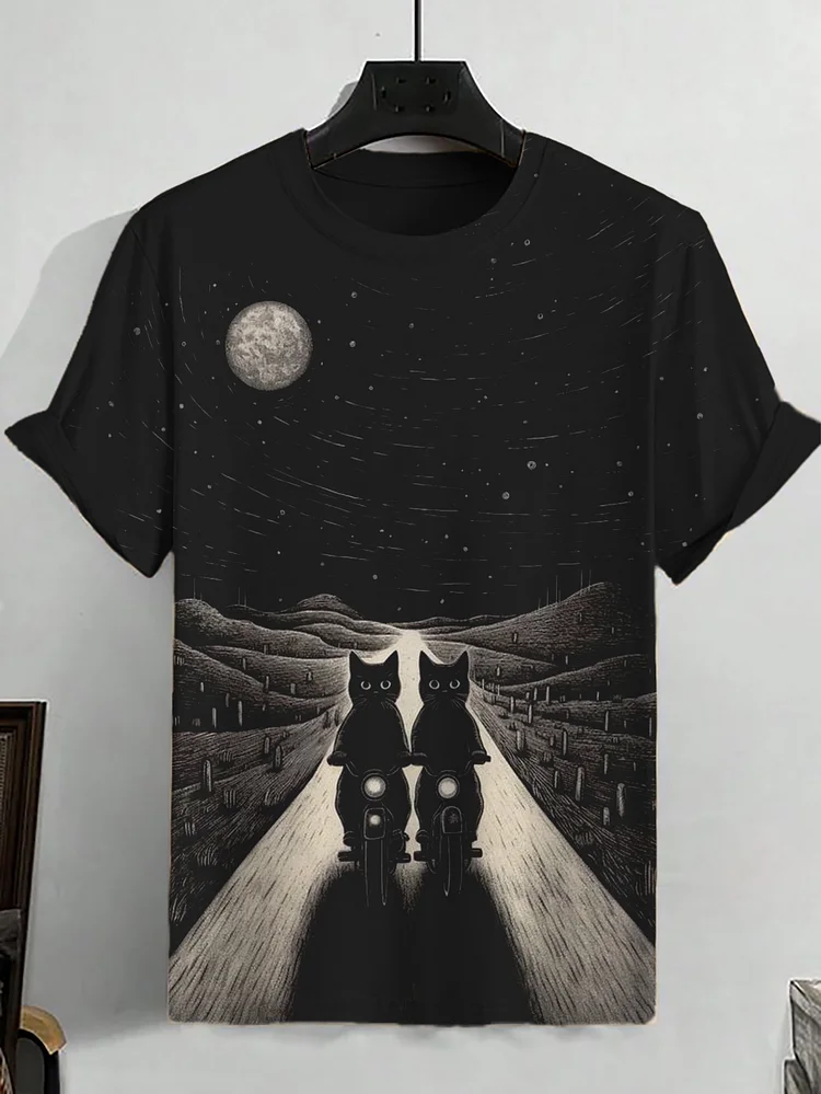 Men's Dark Night Full Moon Cat Art Print T-Shirt