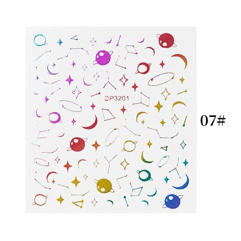 English Letter Design 3D Nail Stickers Iridescent Geometrics Gold Stars Moon Transfer Nail Art Sliders Decoration Accessories-Nail Inspo