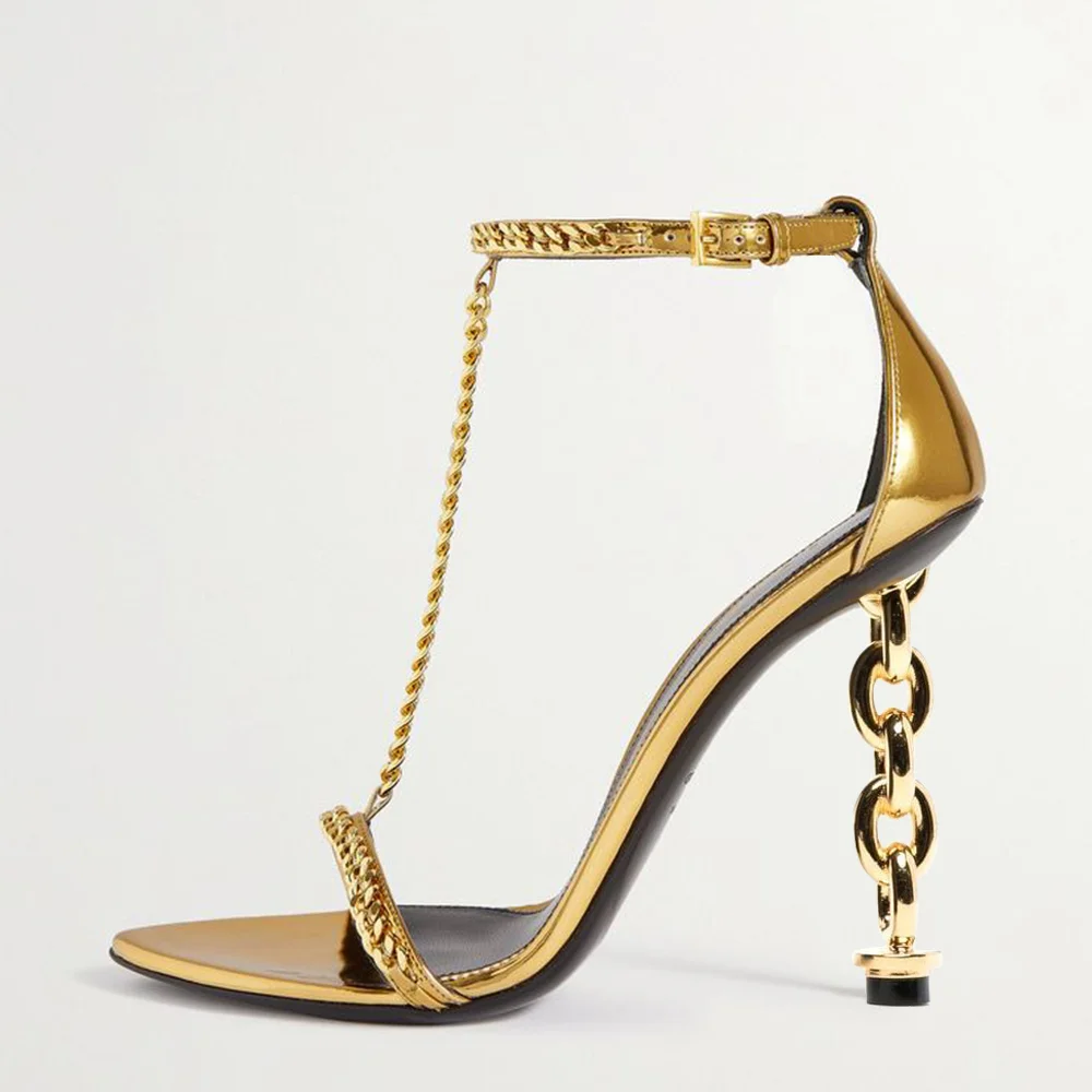 Gold Metallic  Opened Pointed Toe Chain Sandals With Decorative Heels Nicepairs