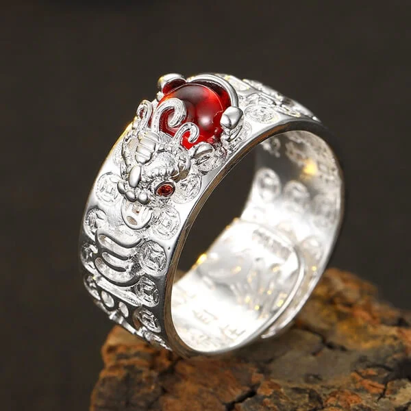 Sterling Silver FengShui Wealth Pixiu Red Garnet Adjustable Ring