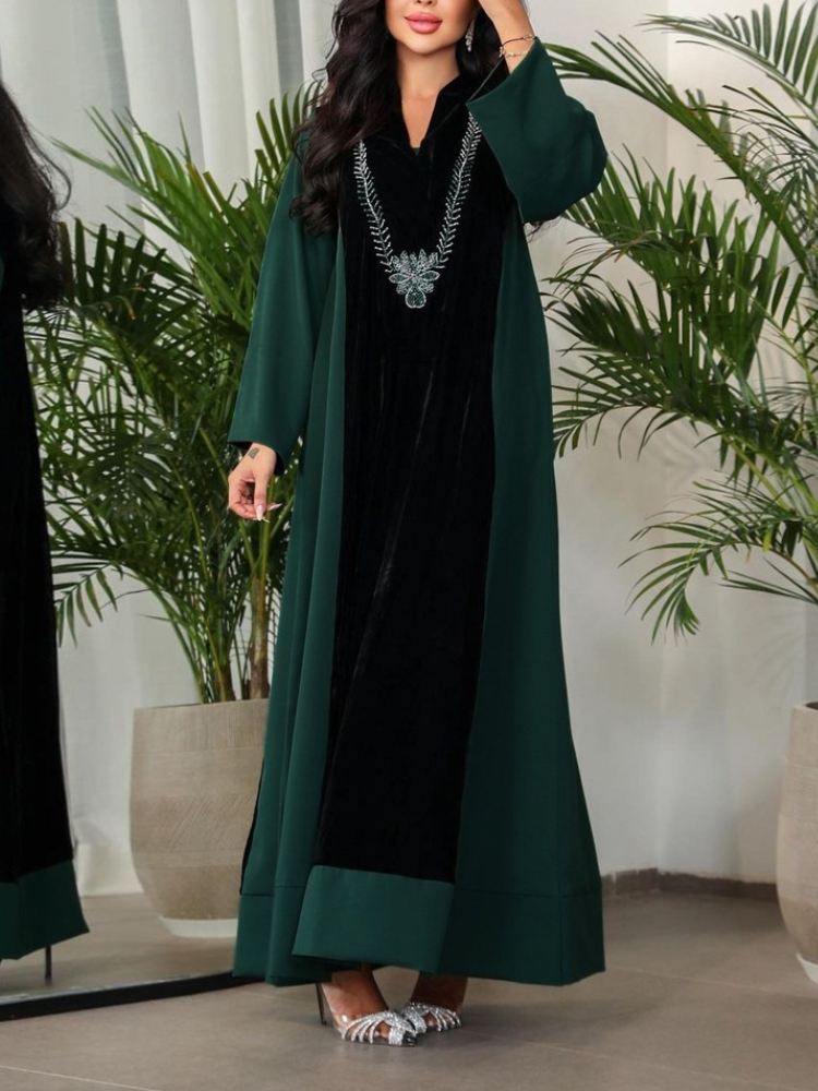 Elegant Rhinestone Velvet Patchwork Contrasting Robe Dress | Oxredo Shop Ramadan Sale