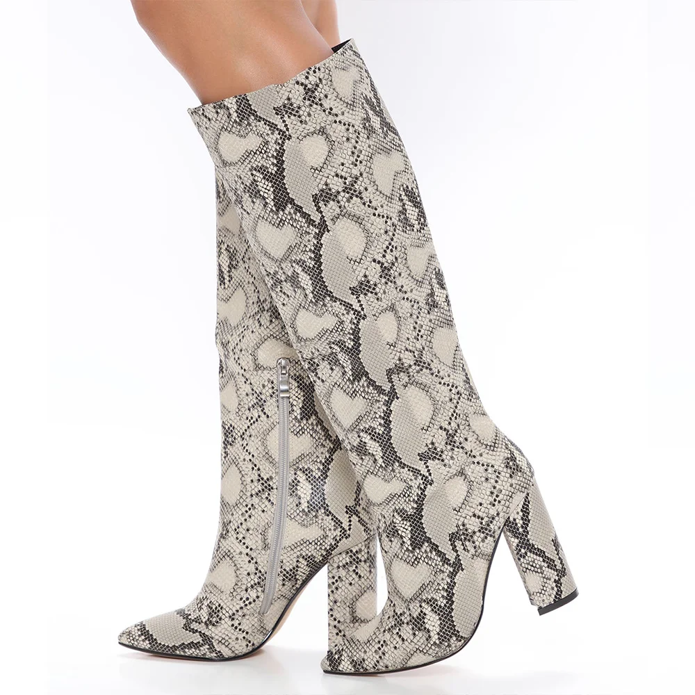 Snakeskin Knee High Boots Chunky Heel Boots Fall Fashion Boots