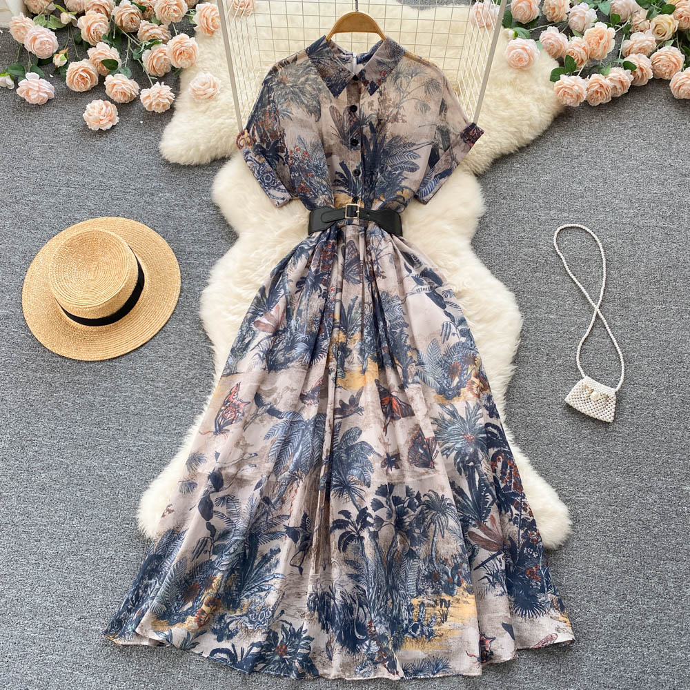 Women Vintage Party Dress Summer French Elegant Print Dress Ladies High Waist Retro Single Breasted Belt Casual Long Dress