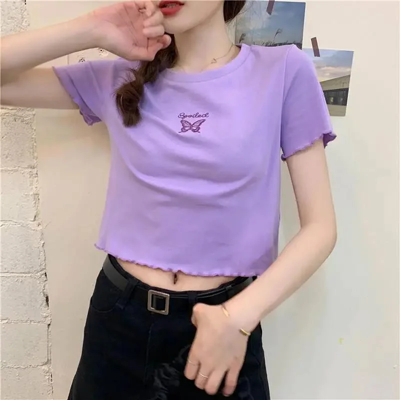 Uveng Uveng 2024 Summer High Waist Crop Short T-Shirt Women Slim And Thin Butterfly Embroidery Short-Sleeved Top Women
