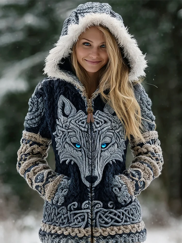 Viking Wolf Totem Women's Full-zip Fur-trimmed Hooded Sweater
