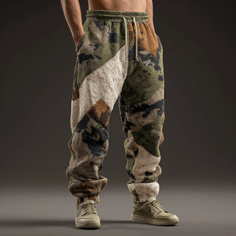 Men's Retro Camouflage Patchwork Pattern Plush Thermal Pants elevenforest