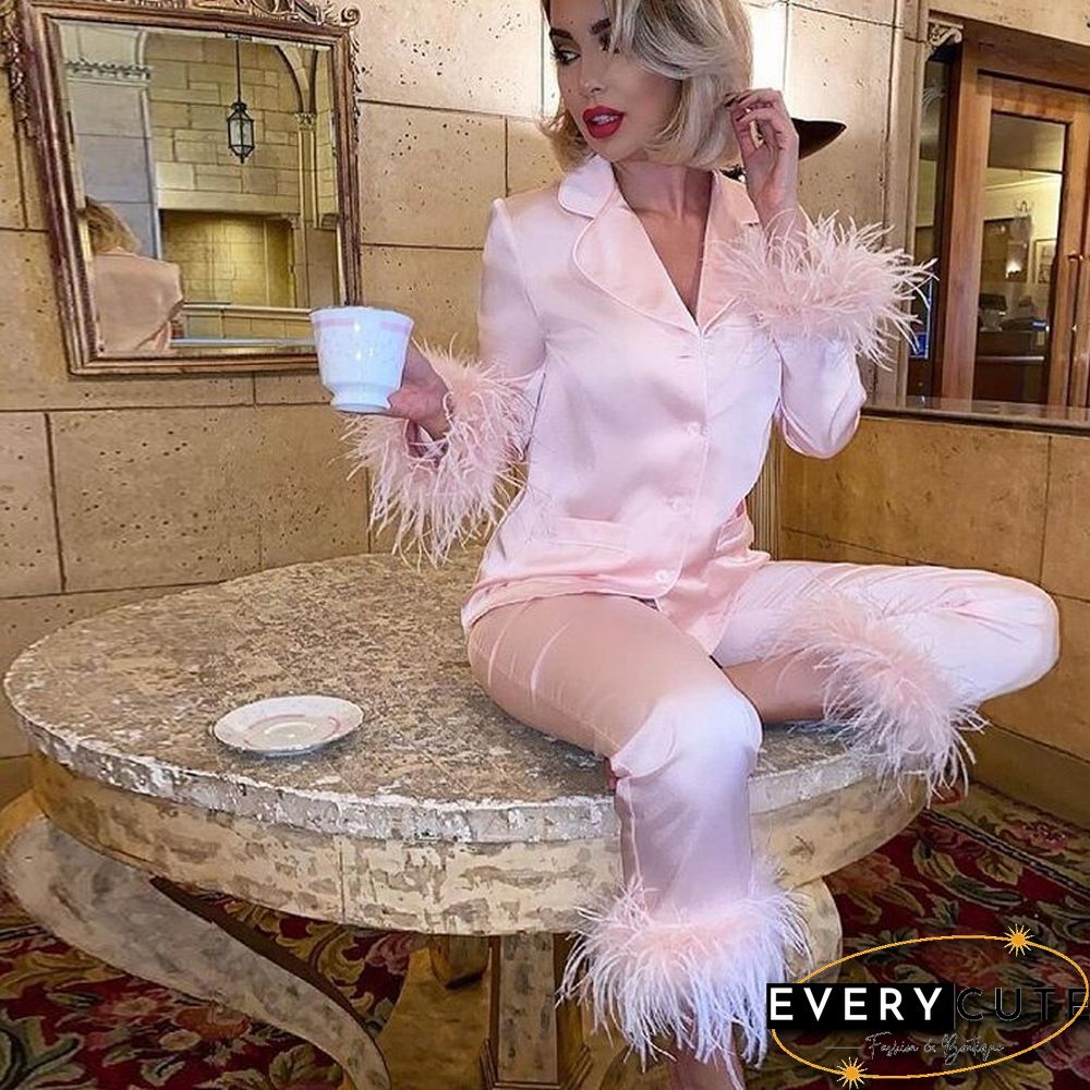 Autumn Women Soft Feather Home Suit Pajama Elegant Homewear Two Piece Set Fashion Turn-down Collar Button Top+Wide Leg Pant Suit