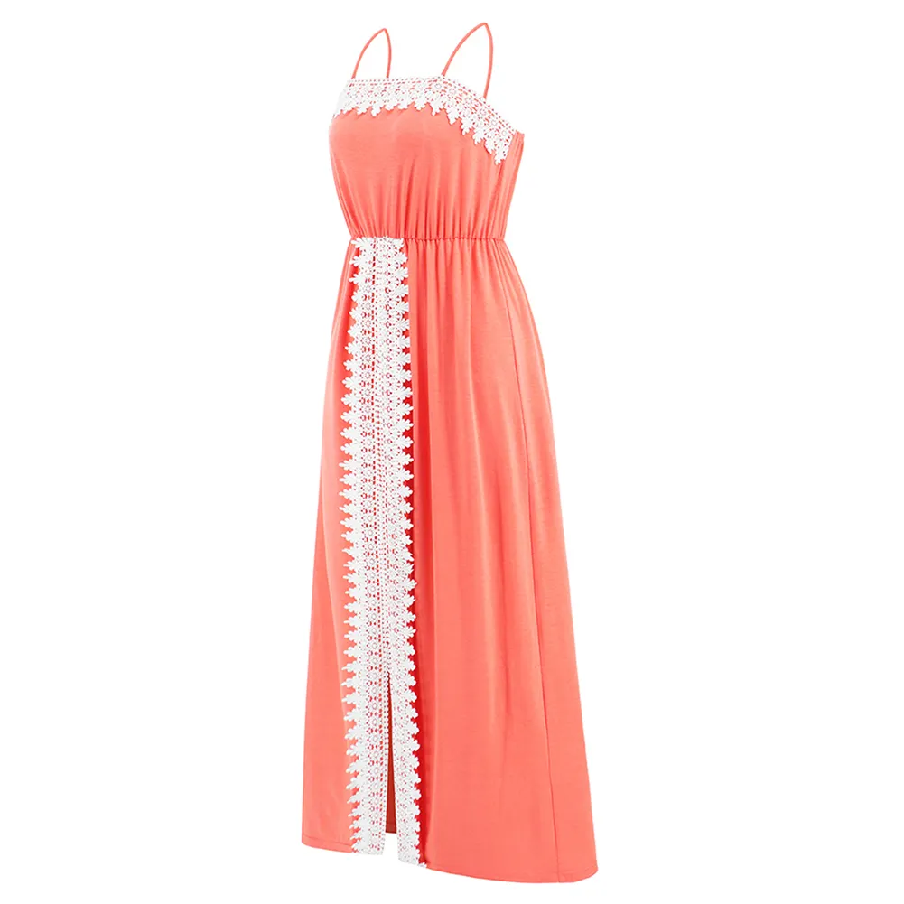 Pink Spliced Lace Trim Spaghetti Straps Dress