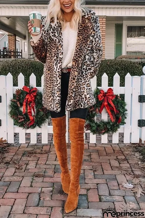 Pockets Leoaprd Faux Fur Lapel Coat