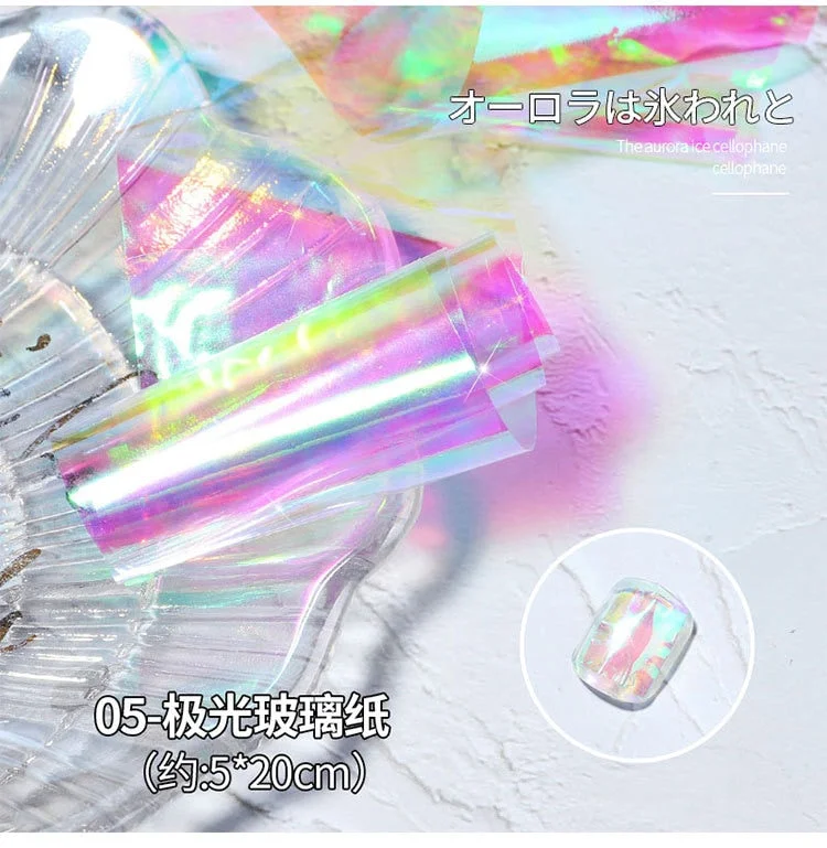Aurora Nail Art Glass Foil Film DIY Cellophane Paper Ice Cube Gradient Korean Nail Trend Ice Cube Nail Art Decoration 1Bottle-Nail Inspo