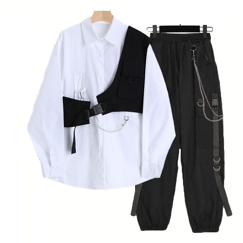 Woherb Spring Autumn 3 Piece Suit Set Harajuku BF Loose White Blouse+Vest+Chian Cargo Pants Unisex Streetwear Cargo Pants