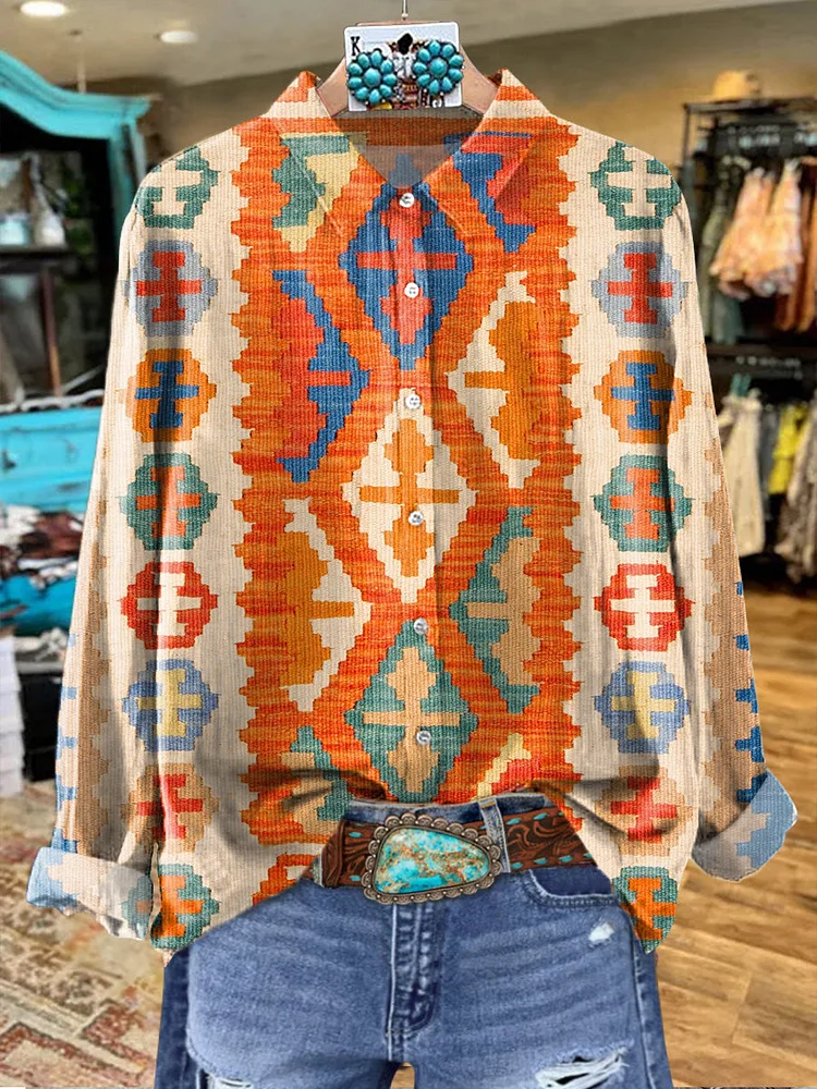 Women's Vintage Aztec Print Casual Cotton Shirt
