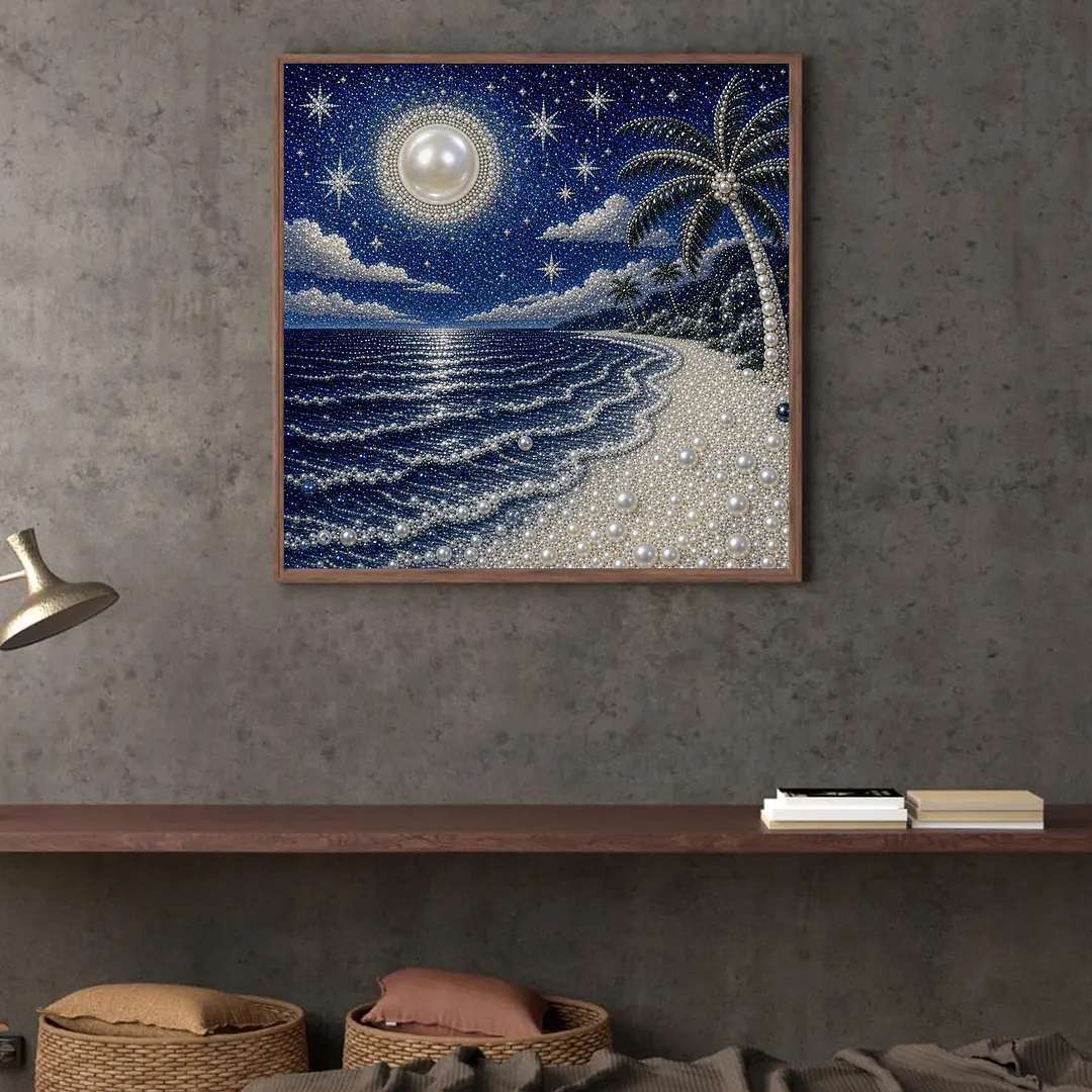 Night Beach Pearl Full DIY 5D Round Drill Gem Art Diamond Painting Kits 15.75x15.75 in Diamond Dots Paintings Picture Arts Craft Diamond Art Kits for Adults Beginner Home Wall Decor