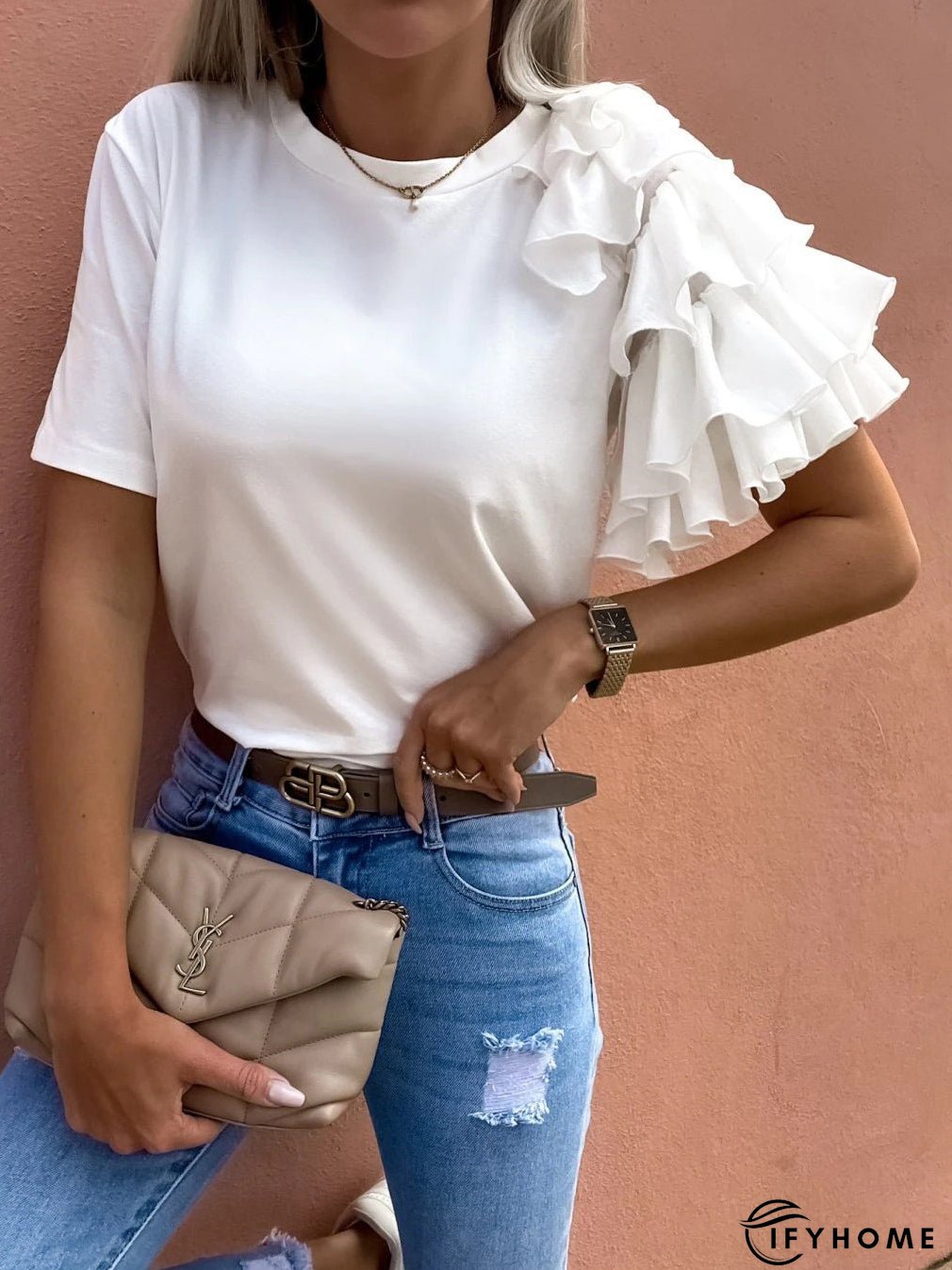 Women's T-Shirts Solid Simple Ruffle Short Sleeve T-Shirt | IFYHOME