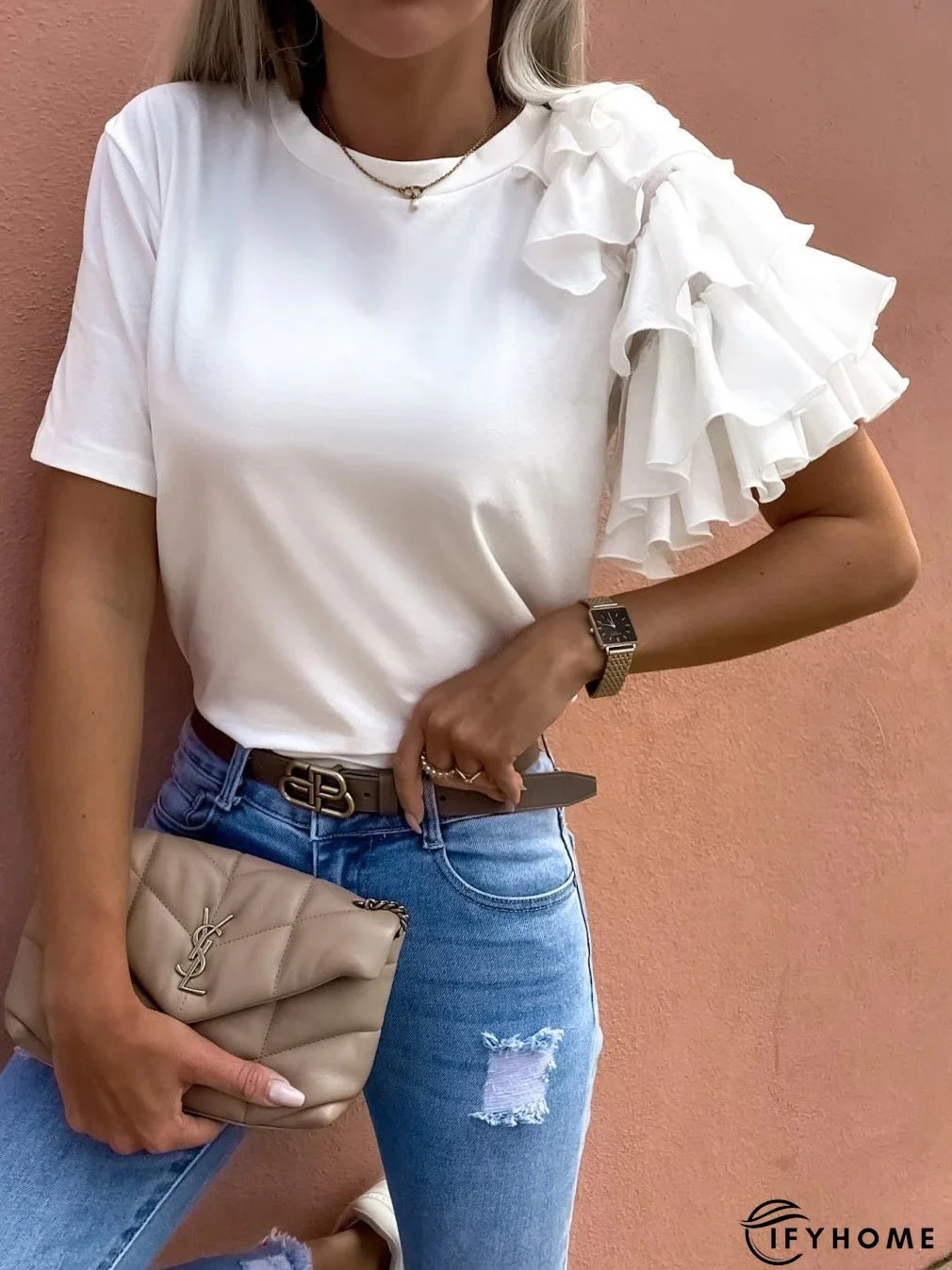 Women's T-Shirts Solid Simple Ruffle Short Sleeve T-Shirt | IFYHOME