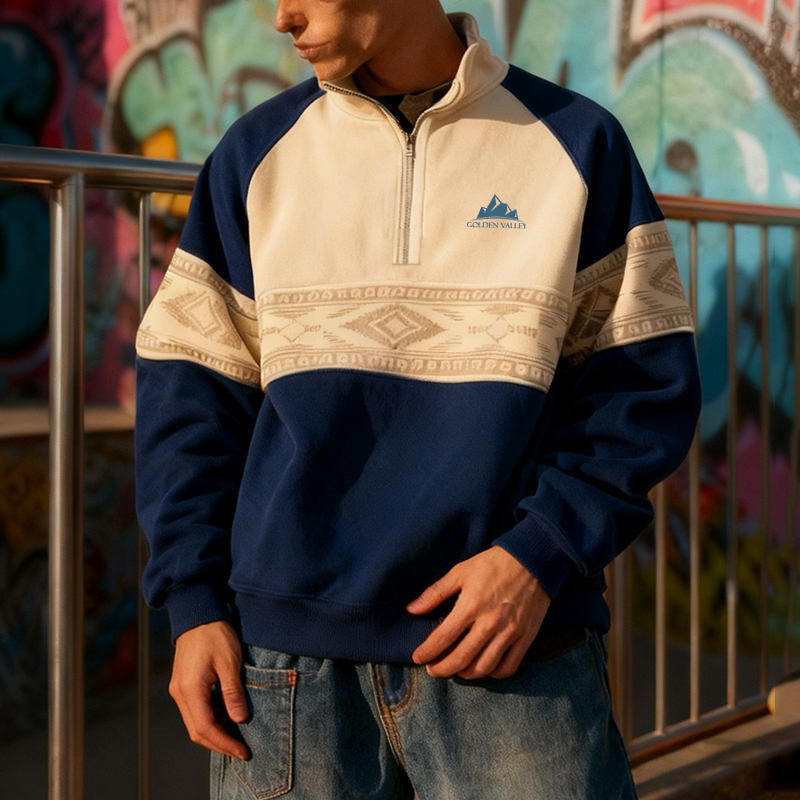Stylish Half-Zip Pullover with Colorful Tribal Design for Men