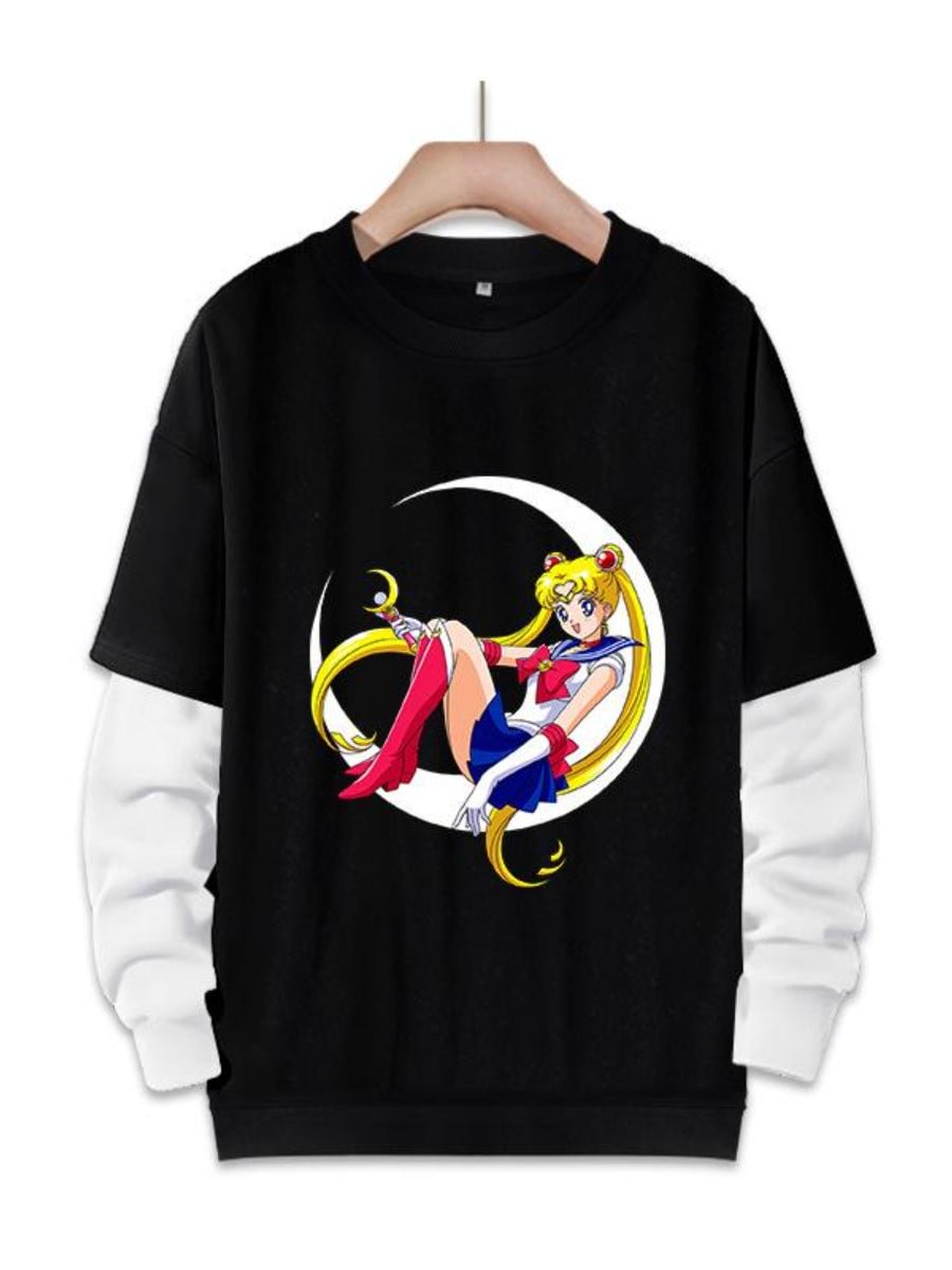 Couple Sailor Moon Hoodie Anime Floral O-Neck Patchwork Shirts