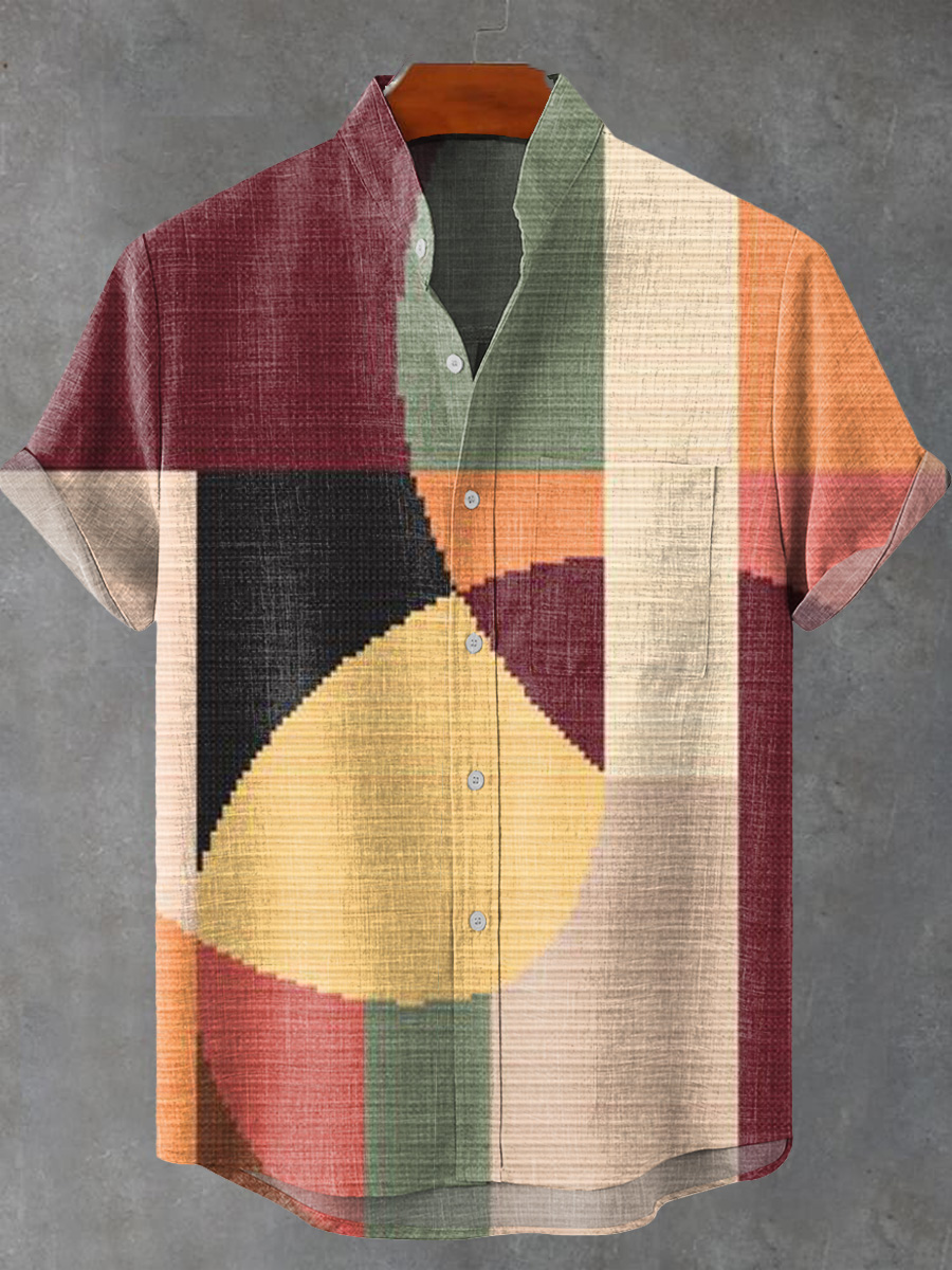 Vintage Abstract Colorful Geometric Block Painting Art Print Casual 100% Cotton Shirt