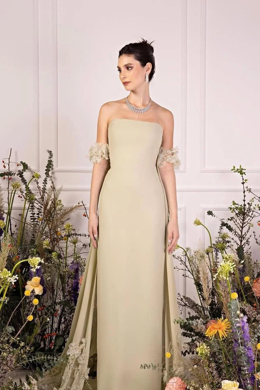 Miabel Exquisite Light Sage Satin Strapless Sleeveless Applique Prom Dress with Detachable Long Cape 