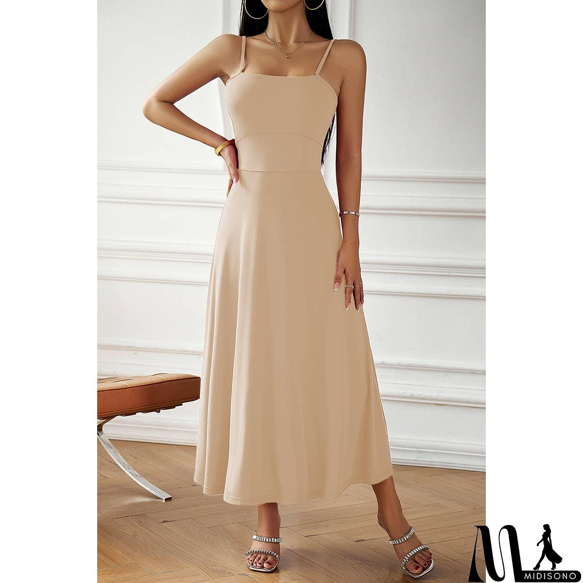 MidiSono - Solid Sleeveless Fit Cross Back Knot Full Dress