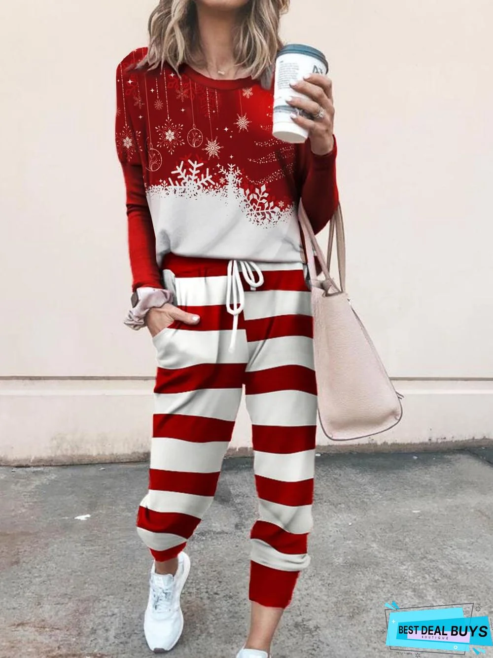 Christmas Stripe Crew Neck Casual Loose Two Piece Set