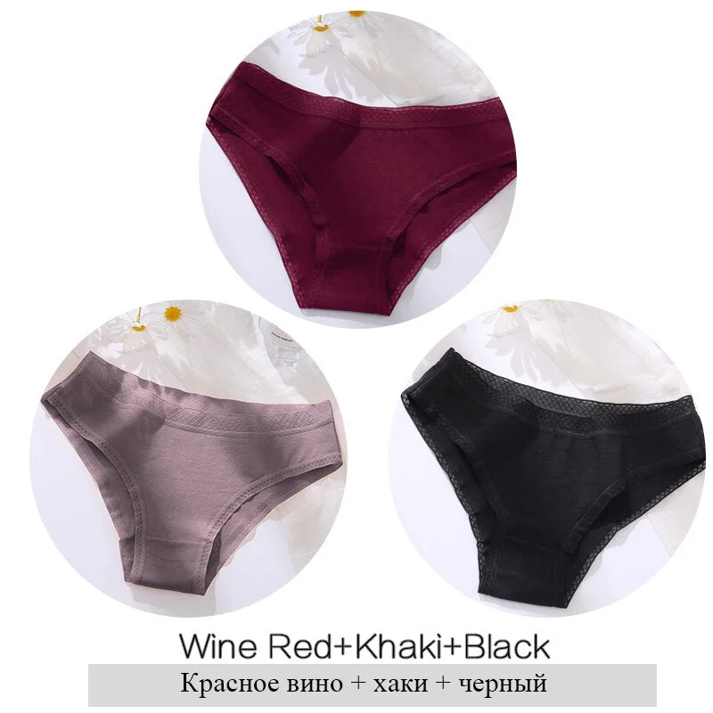 FINETOO Women Cotton Panties Sexy Lace Briefs 3Pcs/set Ladies Low Waist Underpants Comfortable Girls Underwear M-2XL Lingerie