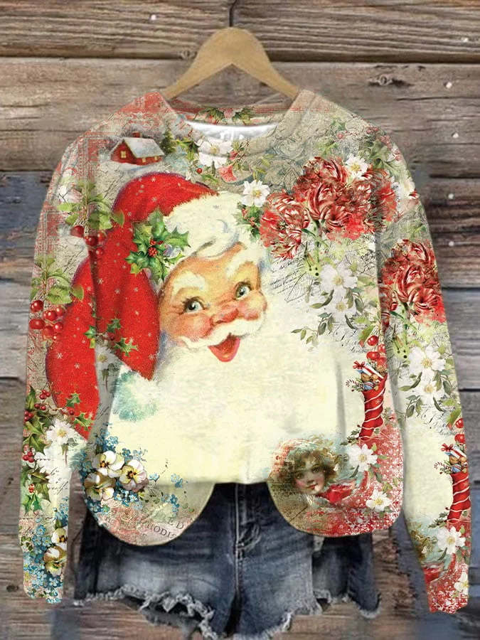 Women's Snowing Santa Claus Print Crew Neck Sweatshirt.