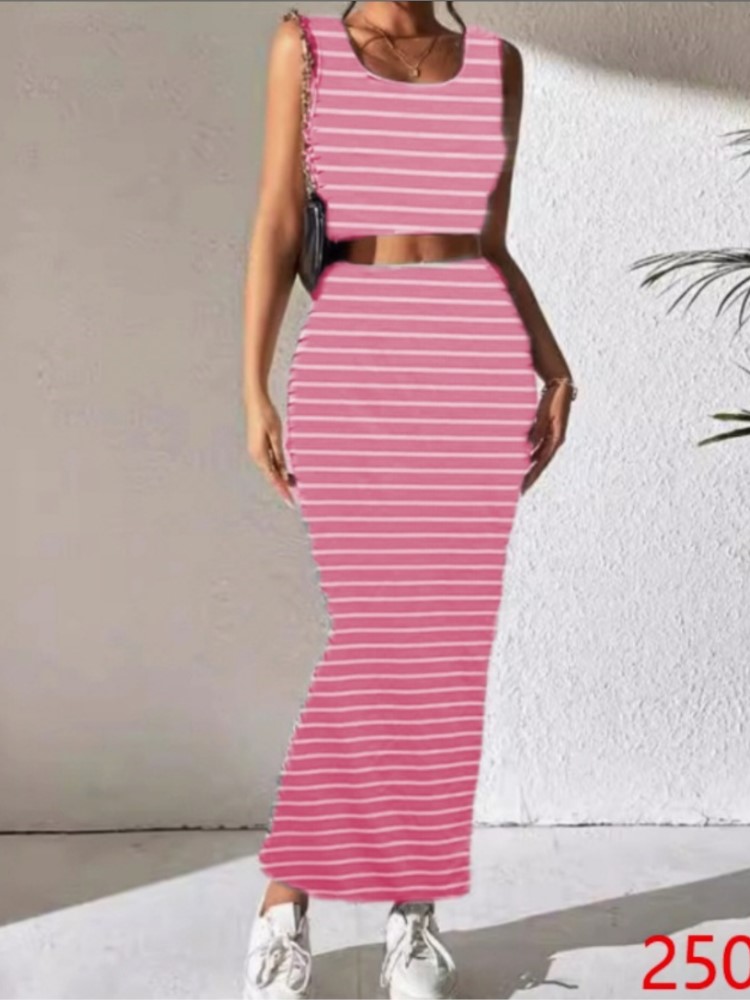 Tarewheels New Fashion Striped Print Bodycon Two Piece Sets Sping Summer Casual Tank Short Top & Slim Side Slit Midi Skirt Set Streetwear