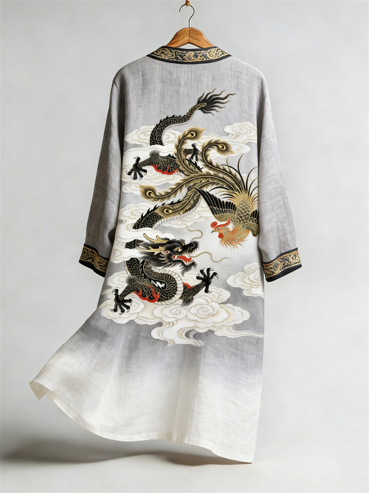 Japanese Dragon & Phoenix Over Clouds Flowy Linen Kimono  artssus