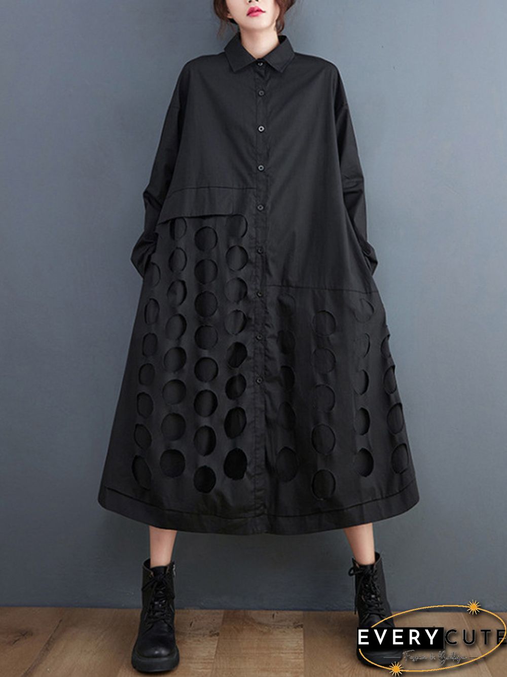 A-Line Long Sleeves Asymmetric Hollow Polka-Dot Solid Color Lapel Midi Dresses