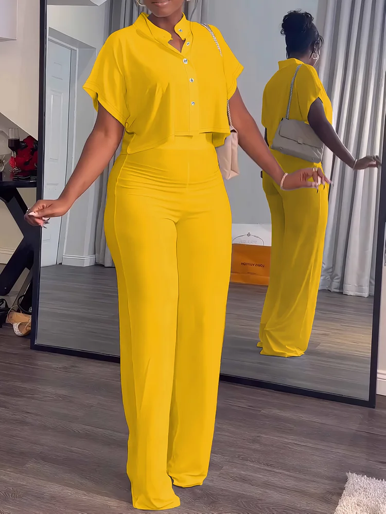 2pcs Women's Summer Casual | Short Sleeve Button Crop Top Wide Leg Long Pant Lounge Set