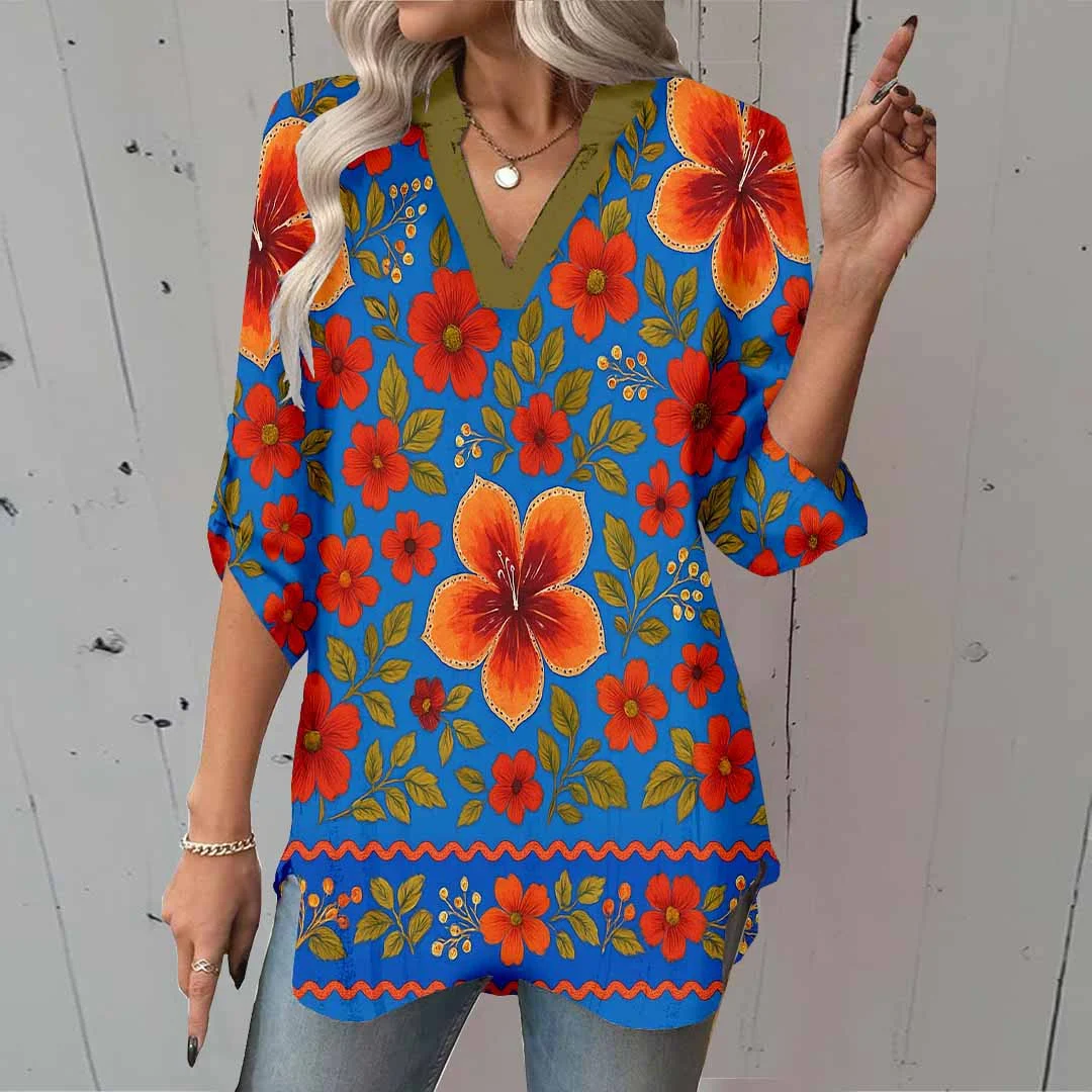 Women Floral, Blue, Red DZGA0085 3/4 Sleeve V-neck Printed Graphic Button Tops