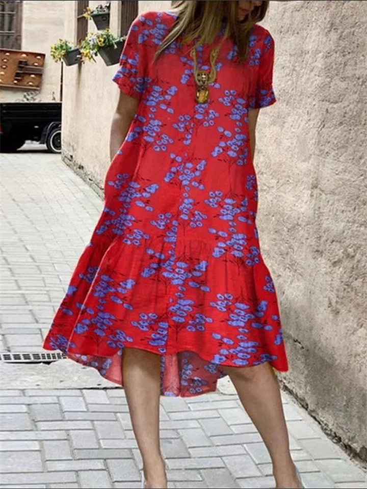 Flower Print Short Sleeve Plus Size Dress