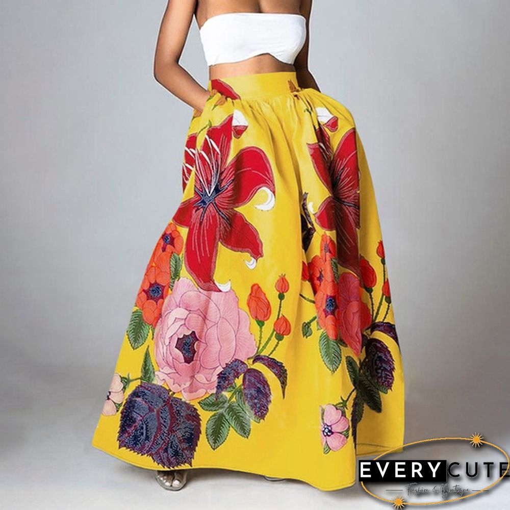 Elegant Elastic High Waist Pockets Umbrella Skirt Women Flower Print Party Maxi Skirts