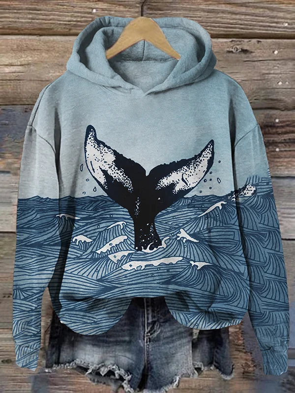 Women's Whale Tail Ocean Art Painting Print Casual Hoodie