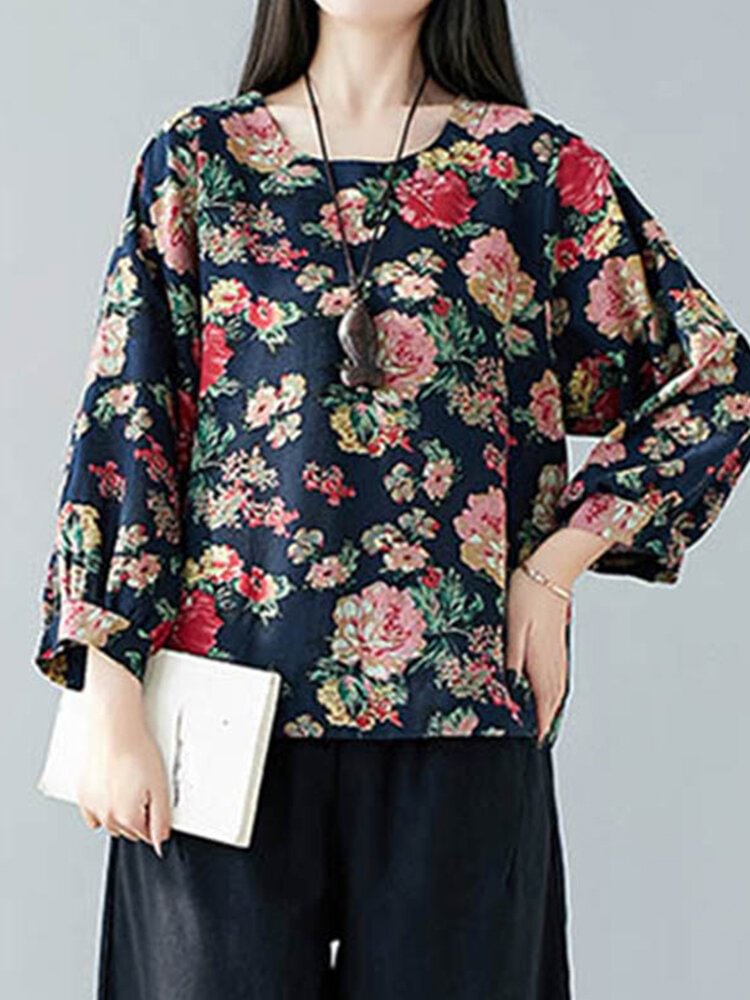 Floral Printed O neck Overhead Long Sleeve Shirt For Women P1716826