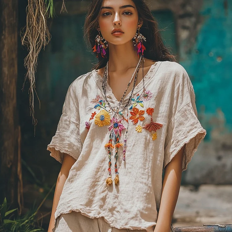 Women's Floral Embroidery V Neck Casual Linen Top