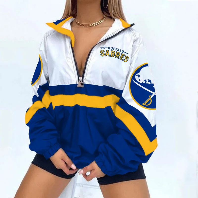 Women's Support Buffalo Sabres Jackets Hockey Print V Neck Zipper Sweatshirt Jacket