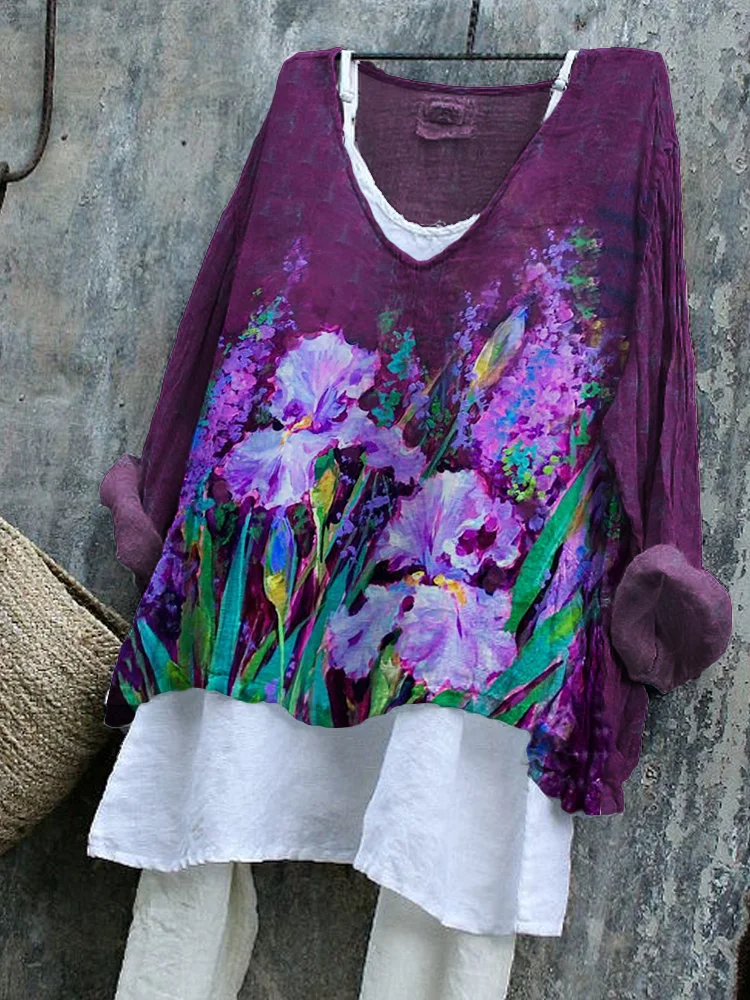 Comstylish Classy Irises Oil Painting Flowy Tunic