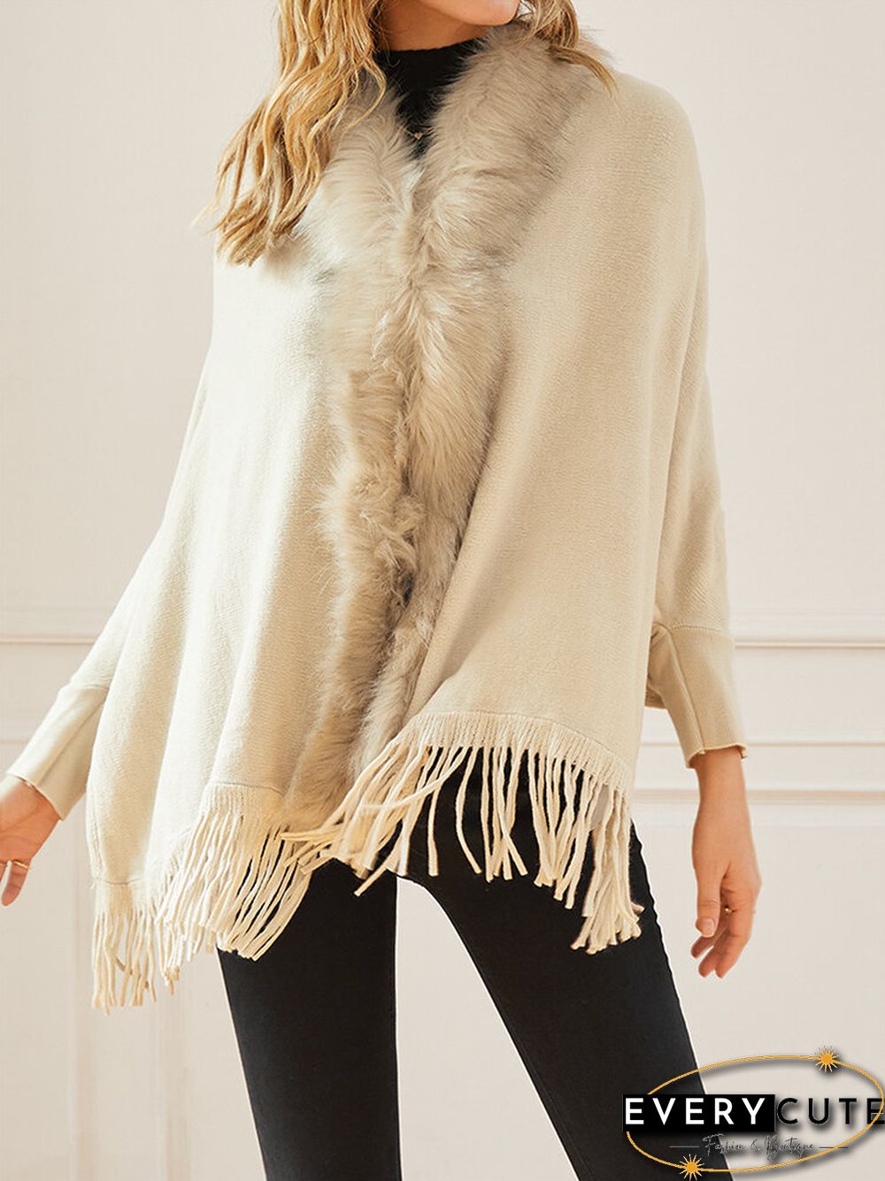 Solid Fringe Hem Dolman Sleeve Open Front Cape Cardigan