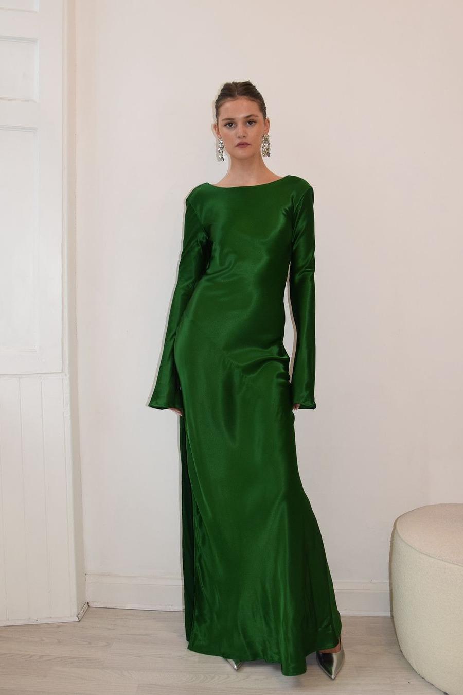 Oknass Dark Green Long Sleeves Split Long Prom Dress With Backless   