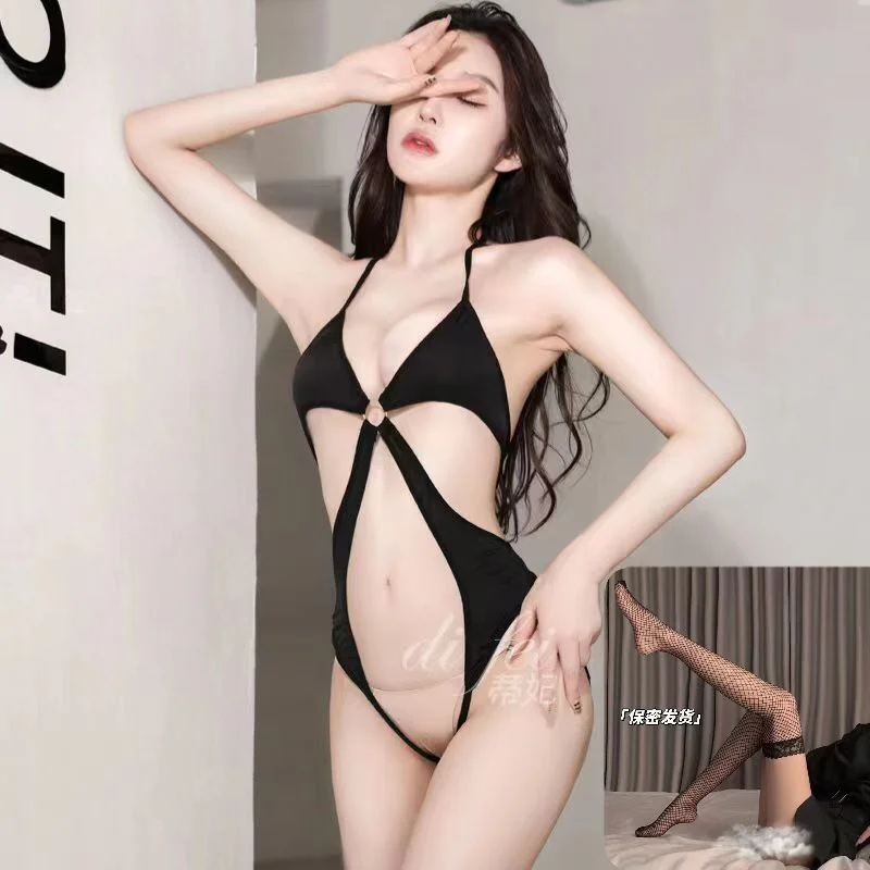 Uveng Night Swearing Lingerie Sexy Tights Small Breast Hanging Neck Cross Strap Open Back Joint Socks Set