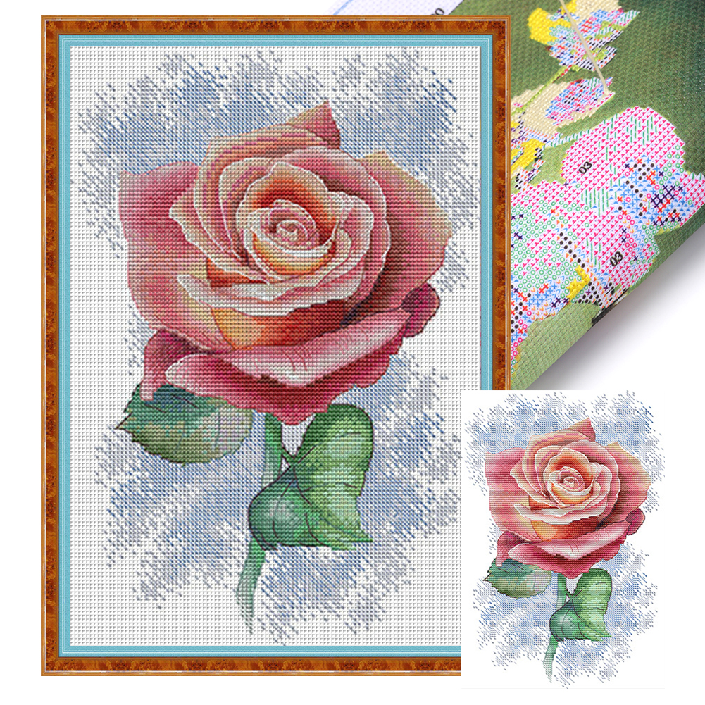 Pink Rose Partial 14CT Pre-stamped Canvas(23*33cm) Cross Stitch(backstitch)