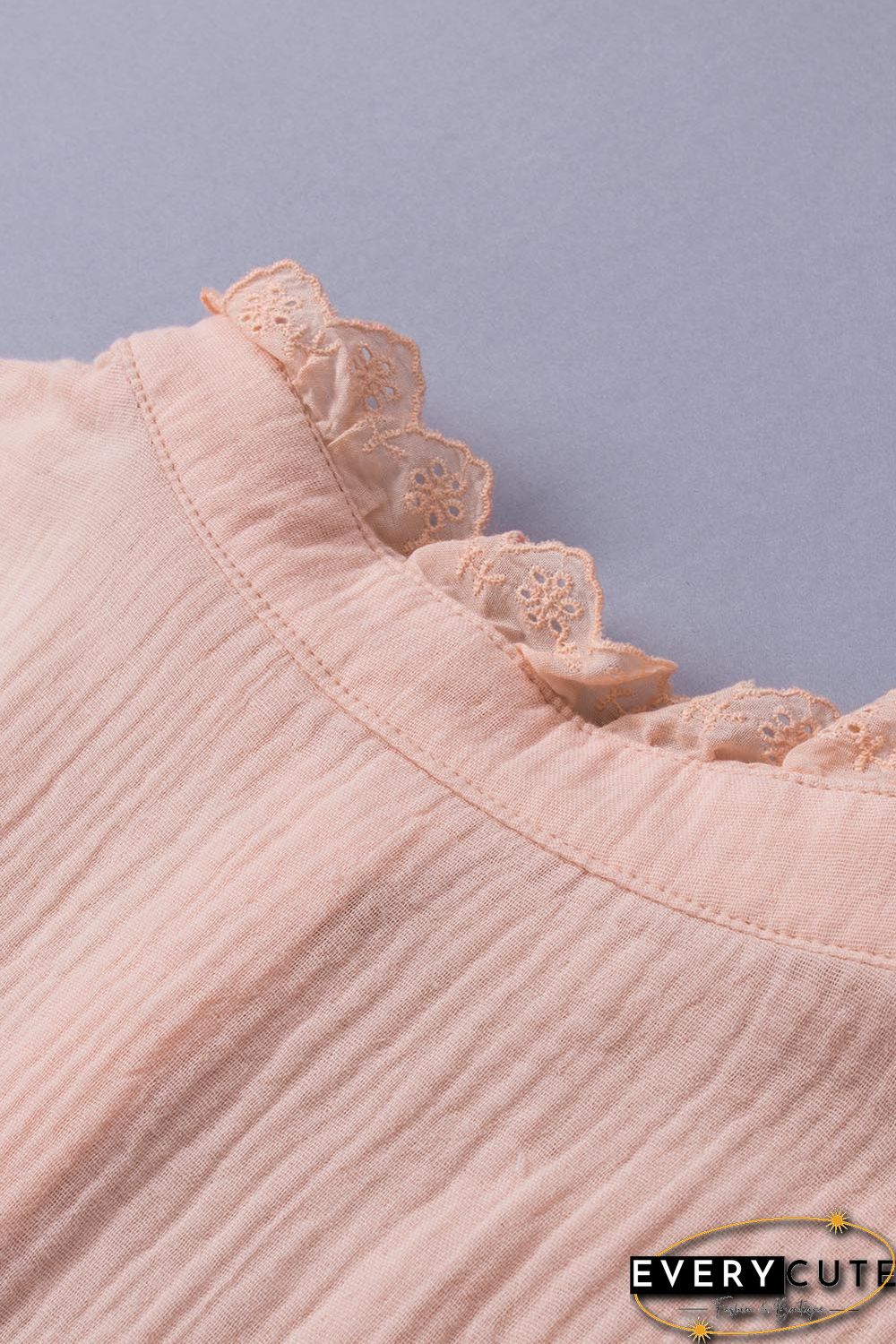 Pink Buttoned Lace Splicing Ruffle Textured Short Sleeve Shirt
