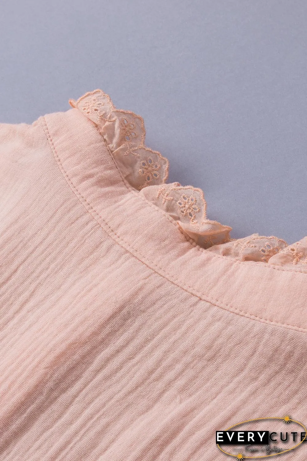 Pink Buttoned Lace Splicing Ruffle Textured Short Sleeve Shirt