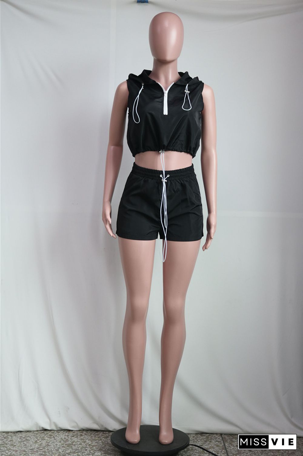 Sleeveless Hooded Pullover Crop Top+Shorts Tracksuit